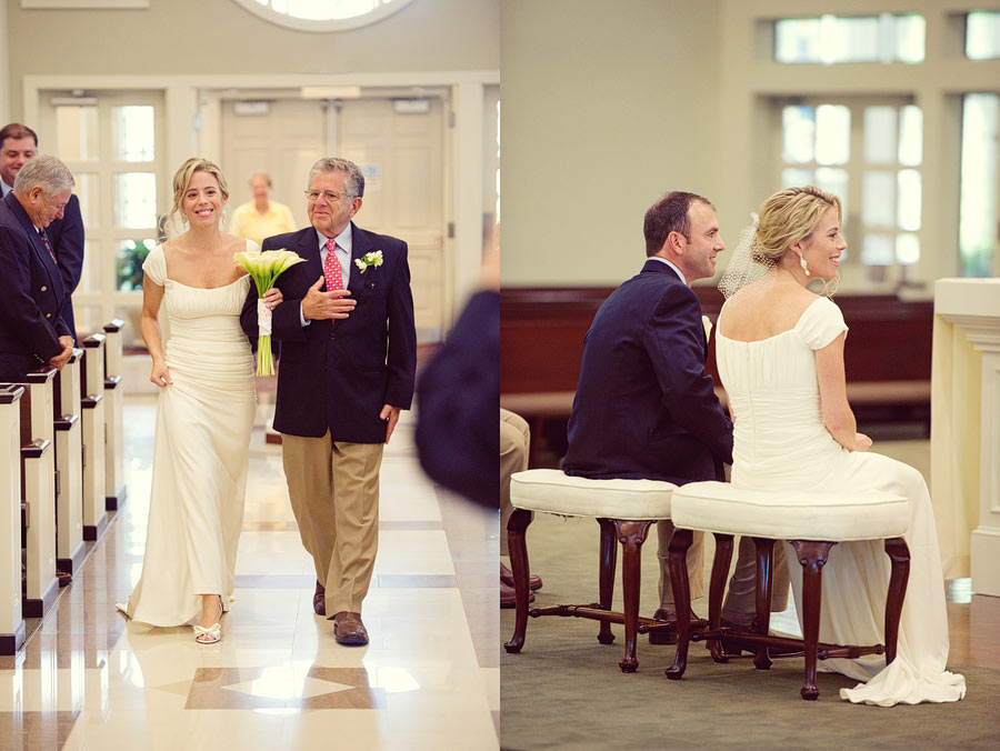 Bride walks down the isle at Christ the King Parish in Mashpee, MA.