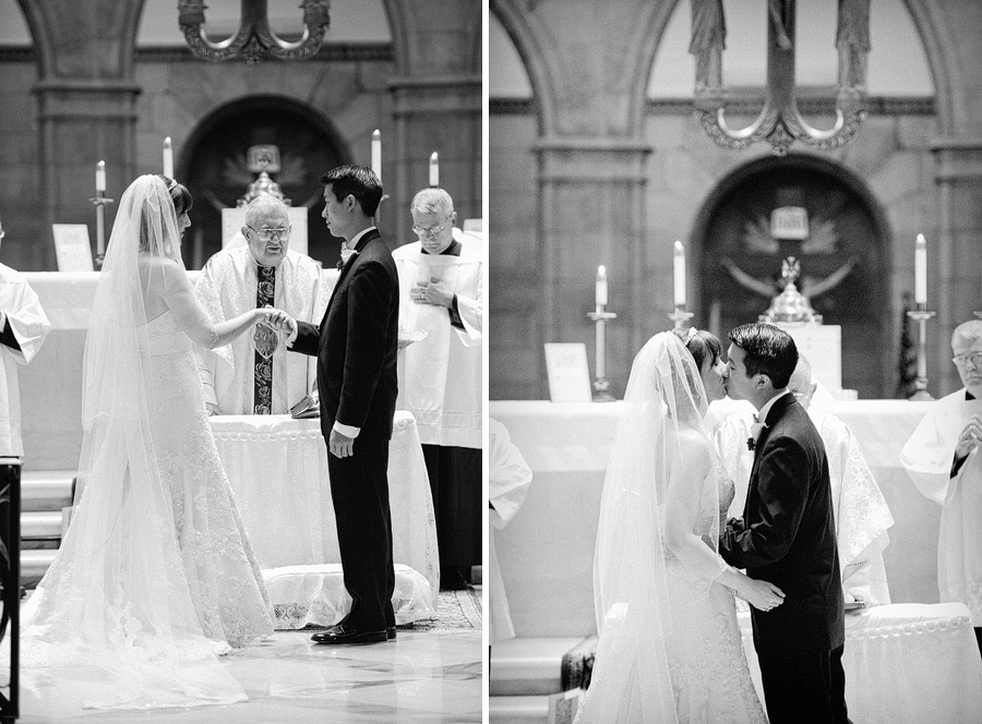 10-st-louis-little-flower-catholic-church-wedding-first-kiss Black and white first kiss photo at the Little Flower Catholic Church in St. Louis, Mo.