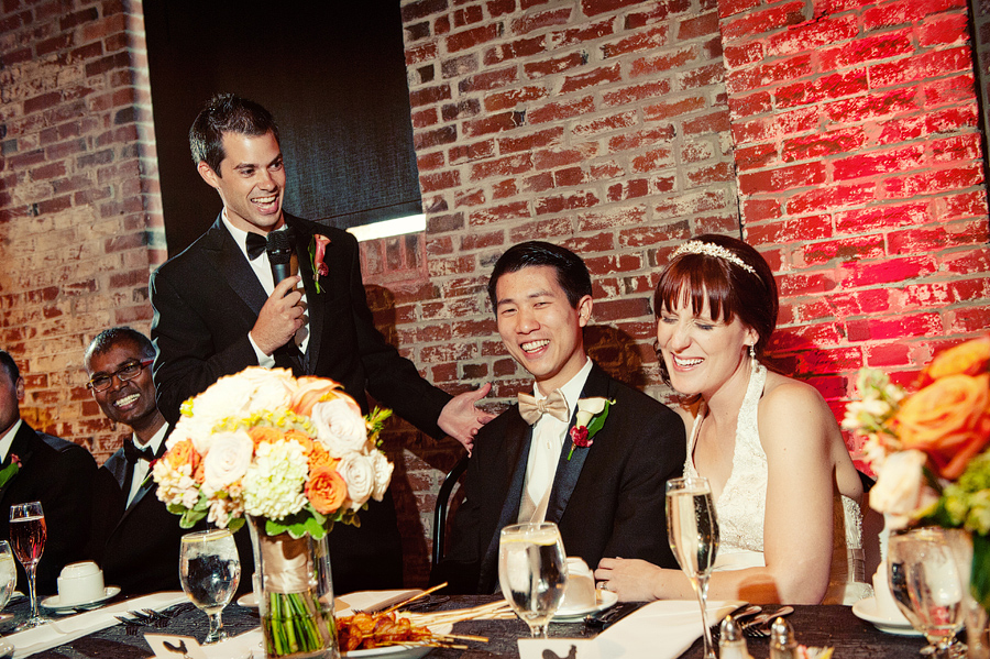 28-Moulin-Events-toast-wedding Best man gives a toast at Moulin Events in St. Louis. Loft like wedding venue.
